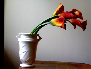Red and yellow lilies in vase